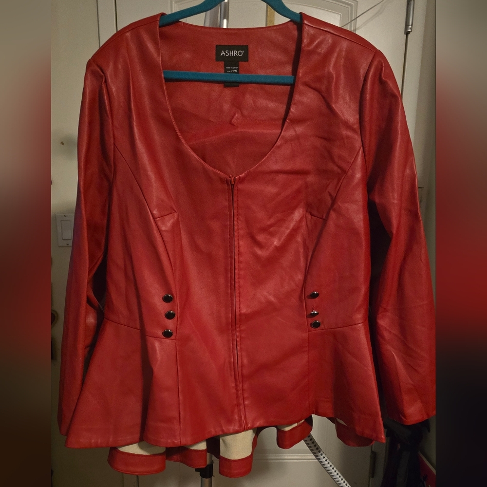 Ashro Red Faux Leather Jacket with Full-Length Zipper